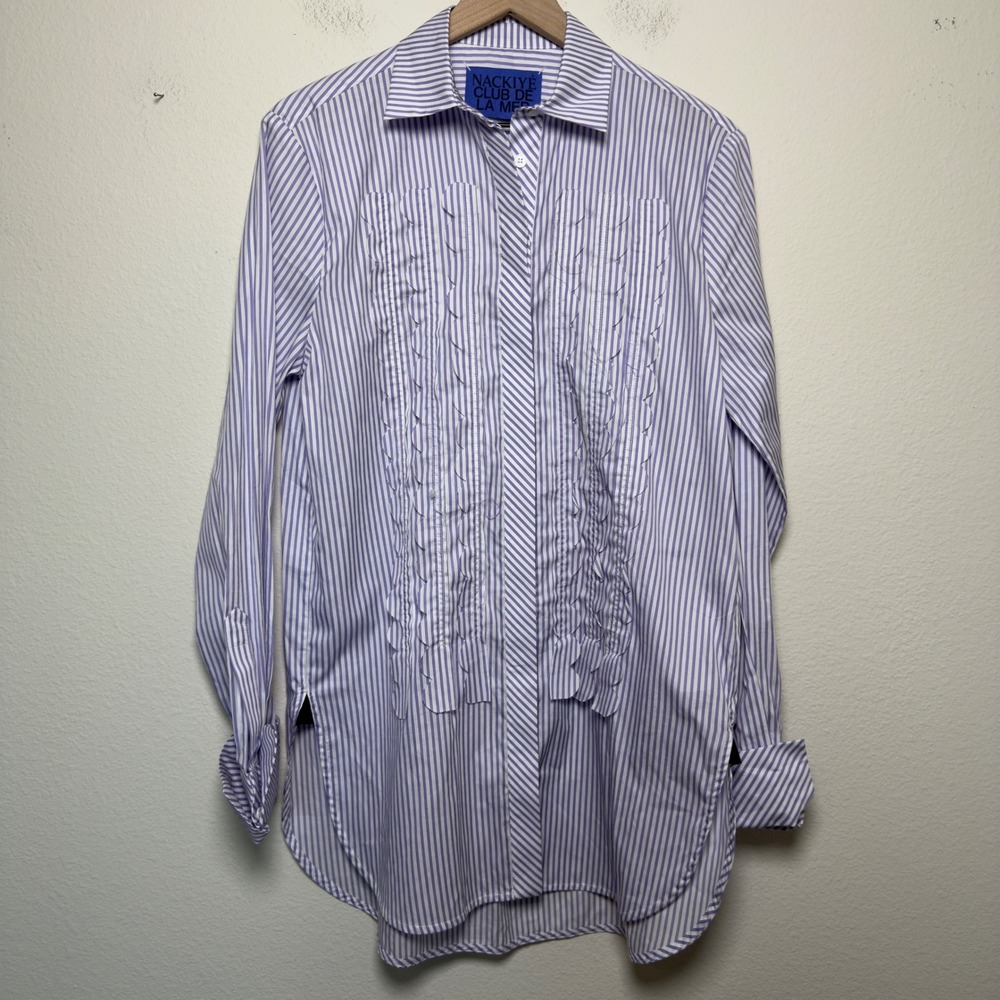 Nackiye Women Cotton Button Down Shirt Purple White Stripe Scallop Tuxedo Front